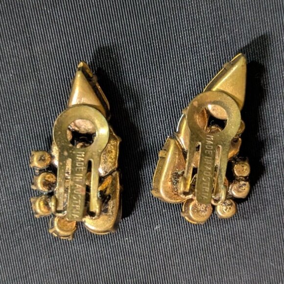 Aurora Rhinestone Clip-On Earrings Gold Tone Vintage Made In Austria Retro Spark - Picture 3 of 7